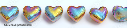 Six iridescent hearts are aligned on a white surface, exhibiting a glossy, reflective quality. The color palette spans across multiple hues