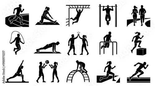 Black  White Glyphs of People Exercising and Working Out
