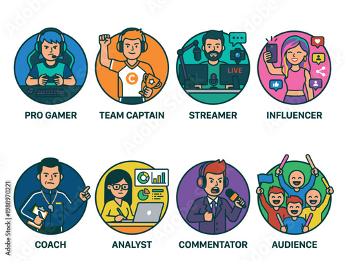 Flat design vector icons for gaming and esports related professions and roles.