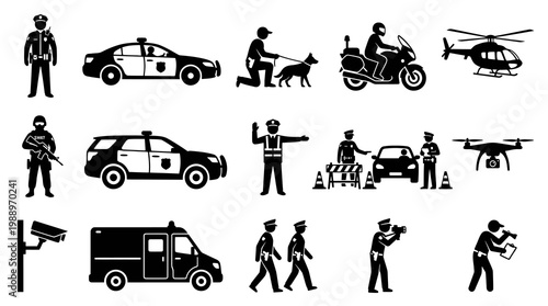 Police Law Enforcement Security Glyph Icons Set. Officers, Vehicles, Surveillance, and Investigation