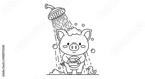 A cute cartoon piglet enjoying a refreshing shower with soap and a rubber ducky nearby.