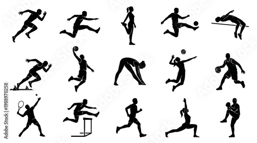 Athletes Sports Silhouettes Vector Icon Set - Diverse People in Various Athletic Poses