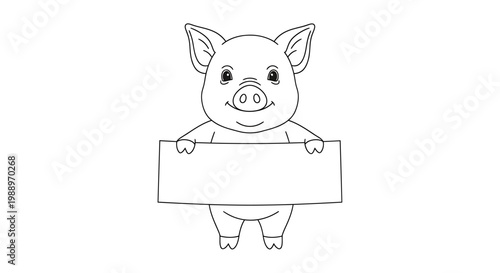 A cute cartoon piglet holding a blank sign, perfect for adding custom text or messages.
