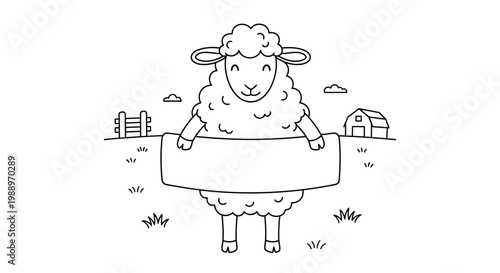 A cute cartoon sheep holding a blank banner in a farm setting with a fence and barn.