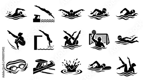 Black  White Icons: Swimming Sports - Swimmers, Divers, Water Polo, Synchronized Swimming, Goggles
