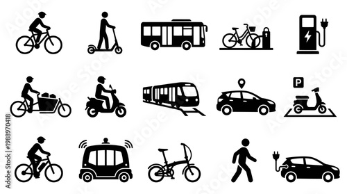 Black  White Icons: Diverse Urban Transportation and Mobility Options
