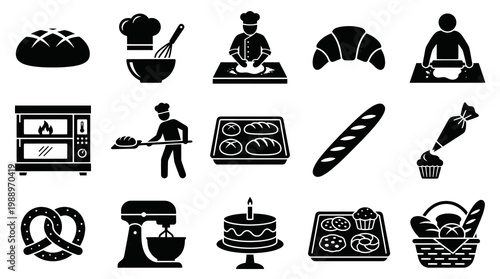 Baking Icons Set Black White Vector Art - Pastry Food Bakery Cooking
