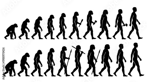 Black White Human Evolution Silhouette Vector Set - Science Anthropology Progress