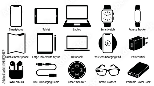 Modern Consumer Electronics Devices and Accessories Glyph Icons Set