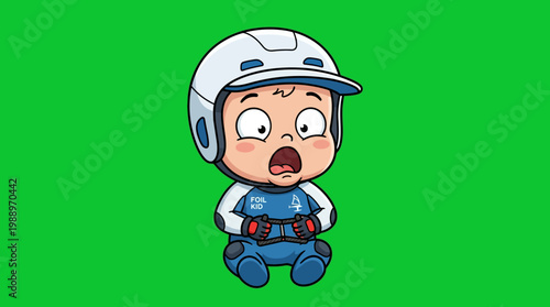 Astonished Baby Boy Wearing a Helmet and Racing Suit.