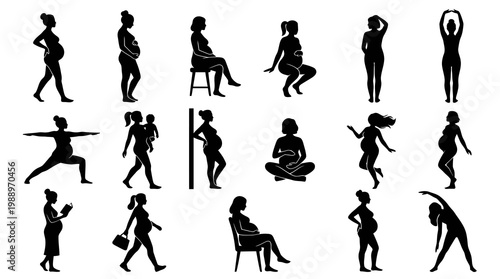 Black and White Pregnant Women Silhouettes Vector Set - Maternity Health and Lifestyle Poses