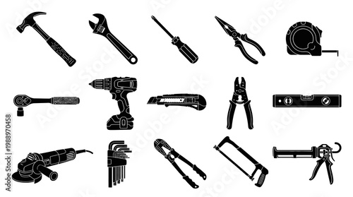 Construction Hand and Power Tools Black  White Glyph Icon Set