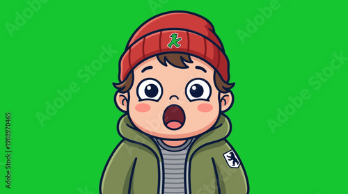 Astonished Young Boy Wearing a Red Beanie and Green Jacket.