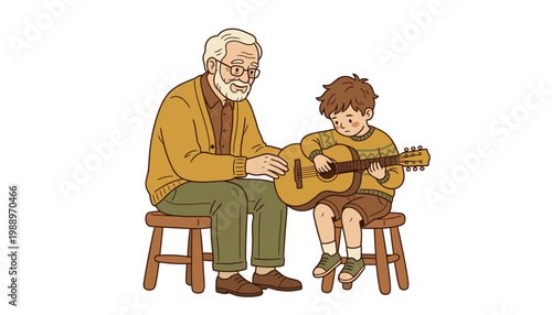 An elderly man teaching a young boy to play guitar.