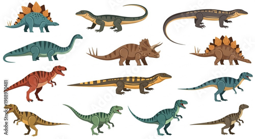 Collection of various dinosaurs and prehistoric reptiles illustration.