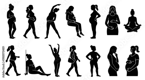Black  White Silhouettes of Pregnant Women in Various Poses and Activities