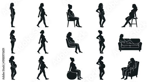 Maternity Pregnancy Silhouettes Vector: Pregnant Women Poses Collection