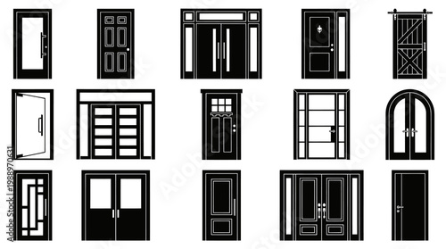 Black  White Silhouette Collection of Various Modern and Classic Doors