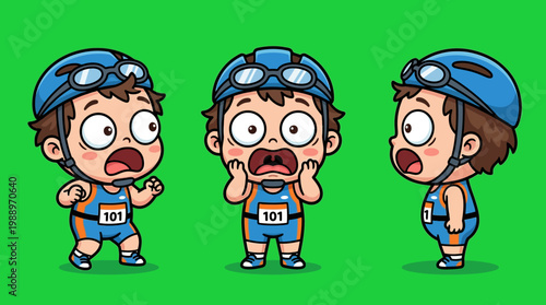 Cartoon Athlete Expressing Shock and Surprise in Triathlon Competition.