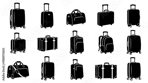 Travel and Tourism Luggage Silhouette Icon Set: Suitcases and Bags Collection
