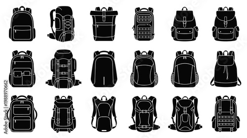 Backpacks Black Silhouette Glyphs Set for Travel, Outdoor, School,  Urban Commuting