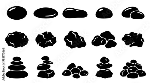Nature, Mining, and Spa Rocks and Stones Icons - Black Silhouette Glyph Vector Set