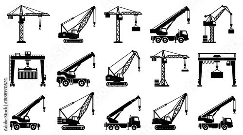 Black and White Vector Icons of Various Cranes in Construction and Industry