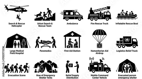 Black and White Icons of Disaster Relief and Emergency Services Equipment