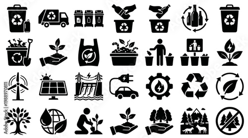 Environmental and Recycling Glyph Icons Set - Ecology, Sustainability, and Conservation Symbols