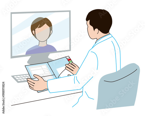 オンライン診療をしている医師と患者のベクターイラスト
