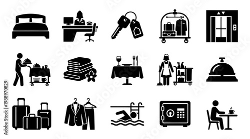 Hotel Icons: Bed, Reception, Key, Room Service, Laundry, Dining, Housekeeping, Bell, Elevator