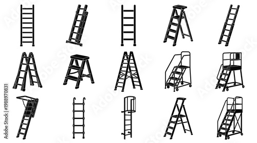 Black and White Vector Icons of Various Ladders for Construction and Industry
