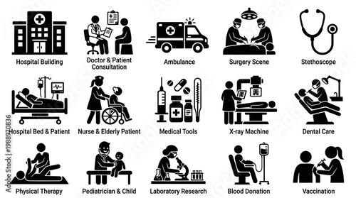 Medical Icons Set: Healthcare, Hospital, Doctor, Surgery, Research, Therapy, Dental