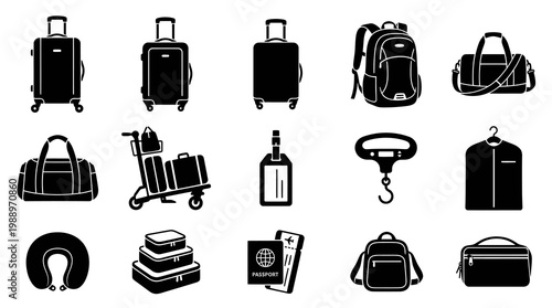 Travel Luggage, Airport Accessories  Vacation Items Glyph Icons Set - Black  White Vector