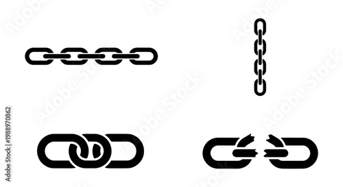 Black chain link icons, broken metal chain vector, industrial link set on white background
