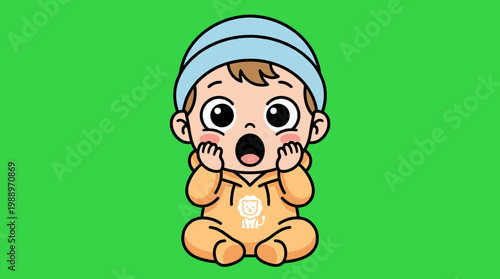 Adorable baby with a surprised expression wearing a blue hat.