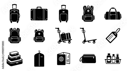 Travel Luggage  Vacation Accessories Glyph Icon Set. Solid Black Suitcase, Bag, Passport Symbols.