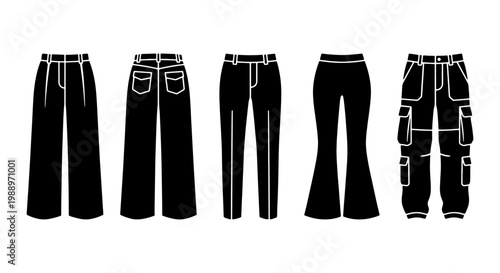Fashion trousers technical flat sketches, black pants vector set, apparel design icons