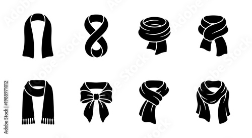 Winter scarf icon set, black fashion neckwear silhouettes, 8 clothing vector elements