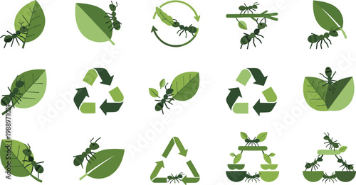 Ant and leaf vector icons showing insects with recycling symbols, teamwork, sustainability, and environmental conservation