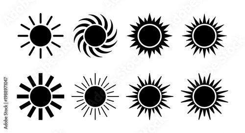 Minimalist sun icon set, 8 black solar vector symbols, weather and summer sunburst signs