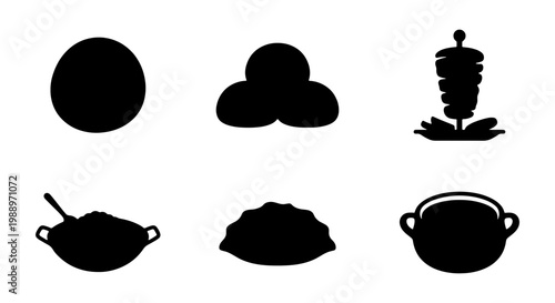 Middle Eastern food icons set, 6 black silhouettes of kebab and falafel, Arabic cuisine