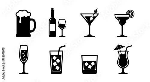 Alcoholic drink icons set, black cocktail and beer silhouettes, 8 beverage vector signs