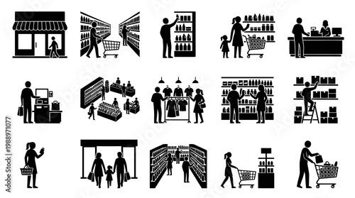 Black and White Glyph Icons of Shopping and Retail Scenes
