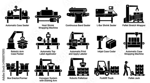 Packaging and Material Handling Industrial Automation Glyph Icons Set