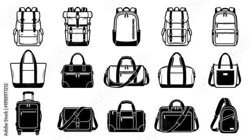Black and white line art vector set of various bags and backpacks