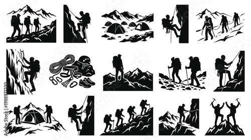 Climbing Mountain Sports Black and White Silhouette Icons Set