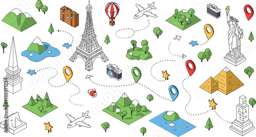 World travel map vector illustration showing landmarks, airplanes, hot air balloon, suitcase, camera, and global tourism journey