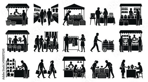 Retail Market Shopping Silhouettes: Vendors, Customers  Stalls Glyph Icon Set