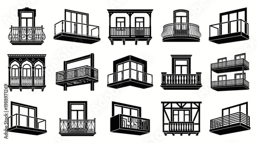 Black and white line art icons of various balconies for architecture